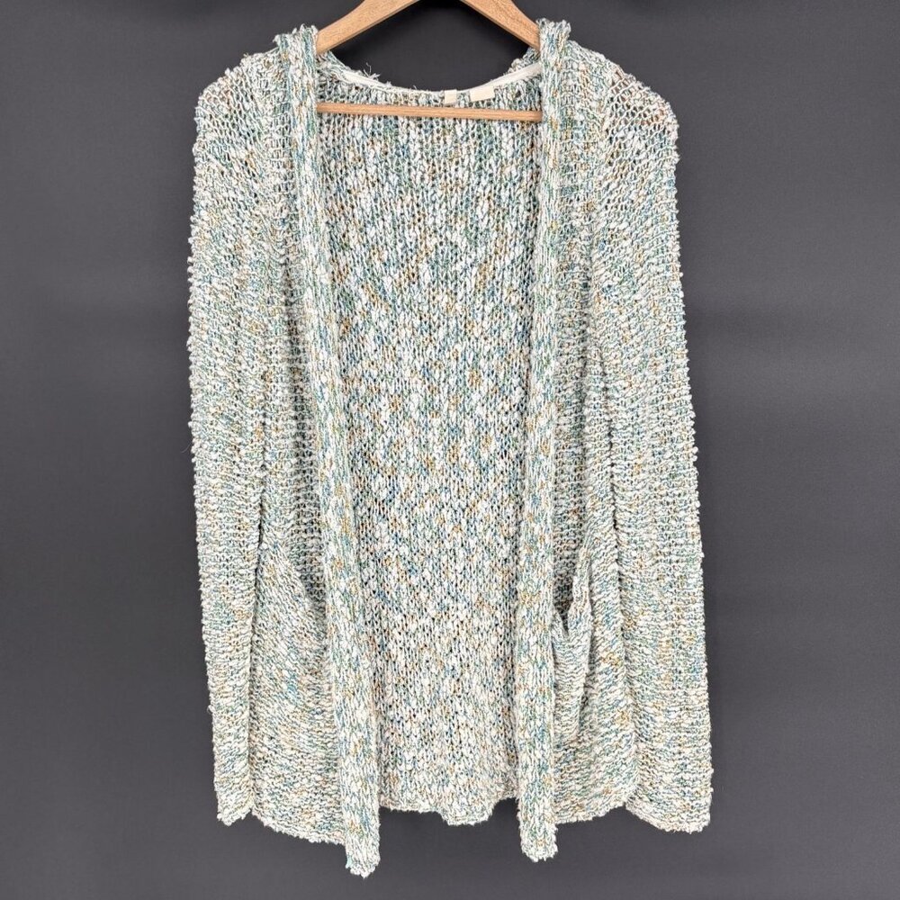 Anthropologie Moth Women's Knit Hooded Open-Front Cardigan Sweater M Green White